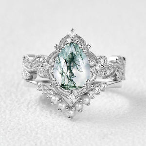 Rosalind’s Cameo | Pear Moss Agate & Pearl Vintage Bridal Set 2pcs.