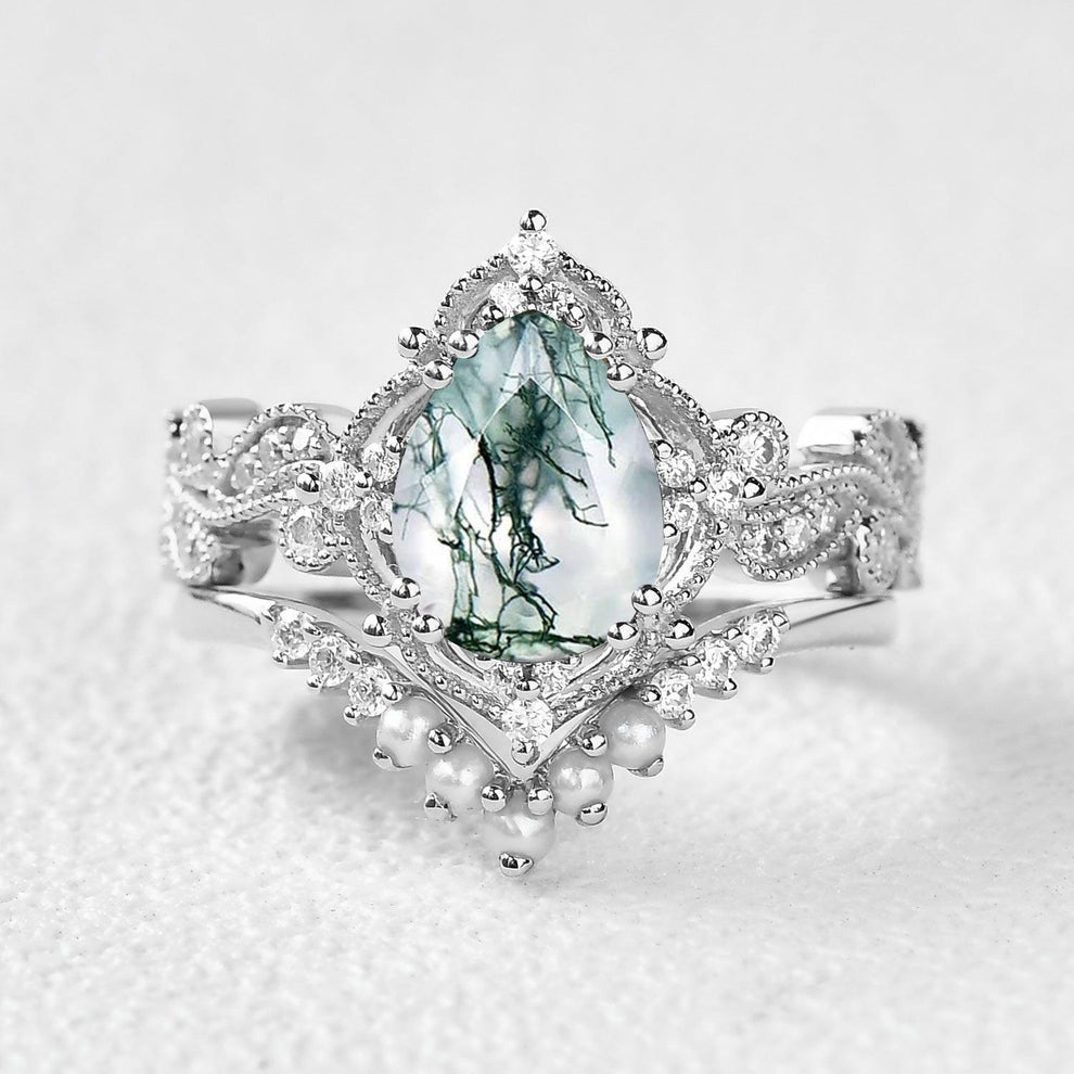 Rosalind’s Cameo | Pear Moss Agate & Pearl Vintage Bridal Set 2pcs.