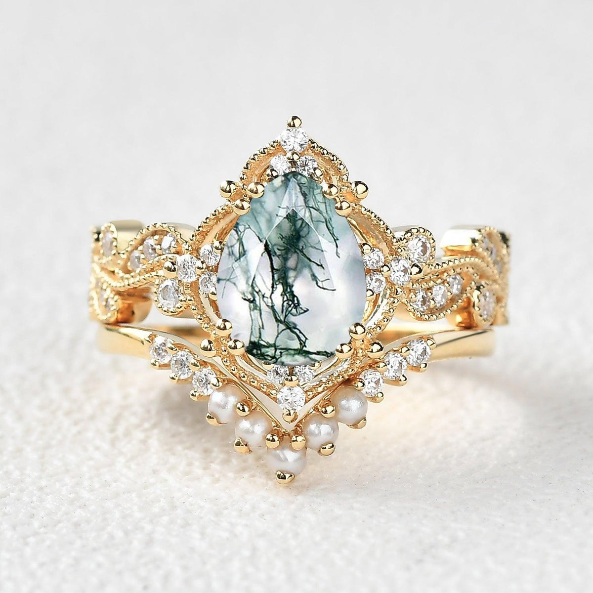 Rosalind’s Cameo | Pear Moss Agate & Pearl Vintage Bridal Set 2pcs.