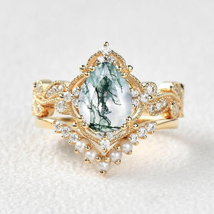 Rosalind’s Cameo | Pear Moss Agate & Pearl Vintage Bridal Set 2pcs.