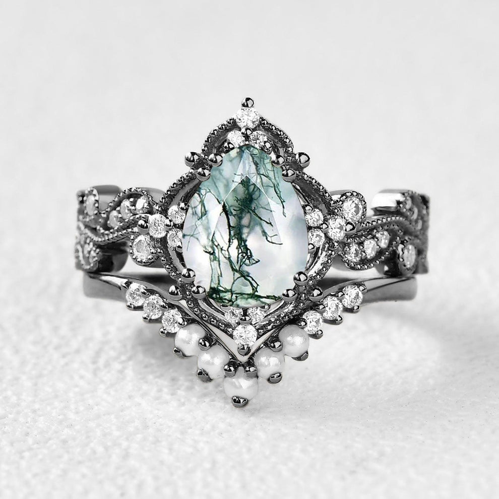 Rosalind’s Cameo | Pear Moss Agate & Pearl Vintage Bridal Set 2pcs.