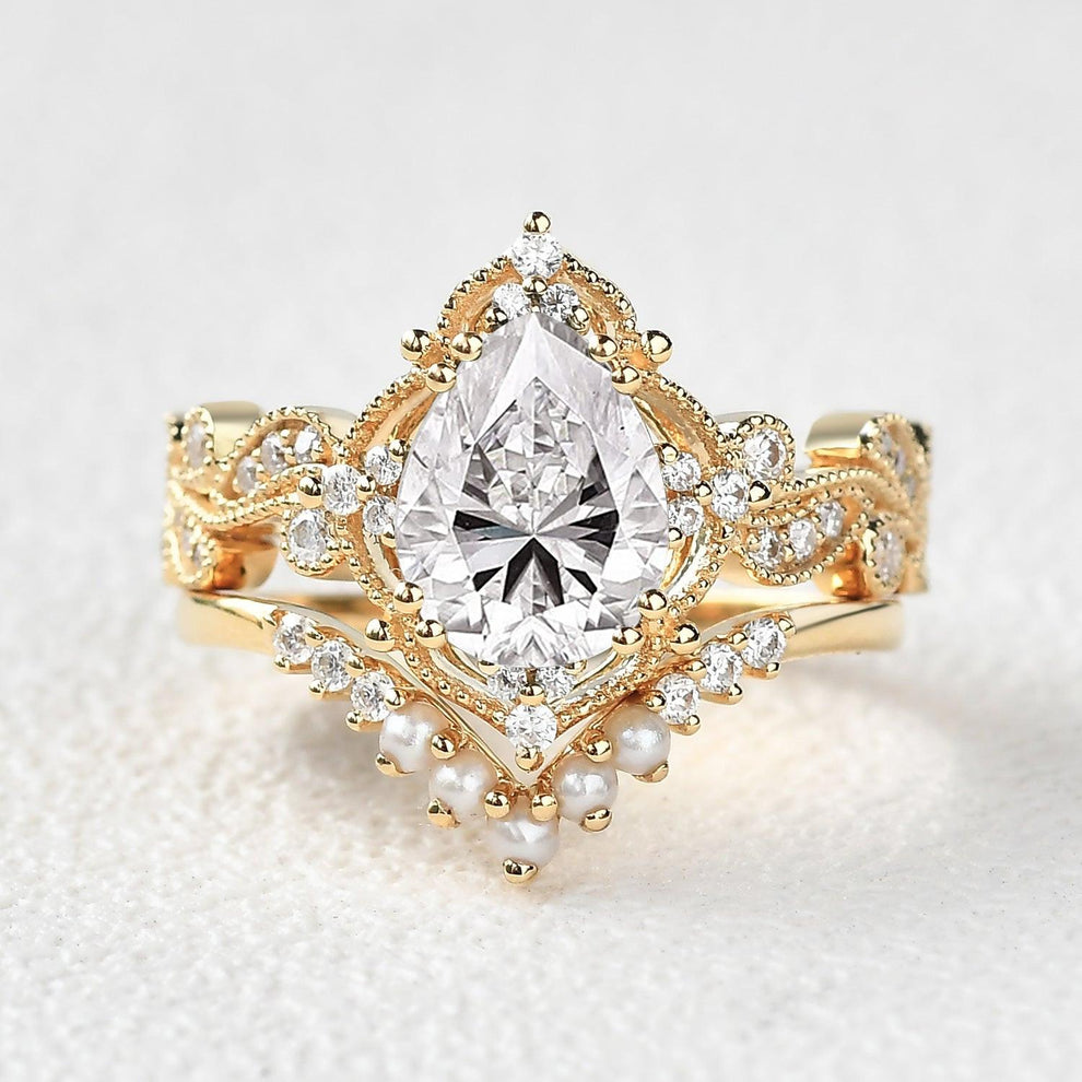 Rosalind’s Cameo | Pear Moss Agate & Pearl Vintage Bridal Set 2pcs.