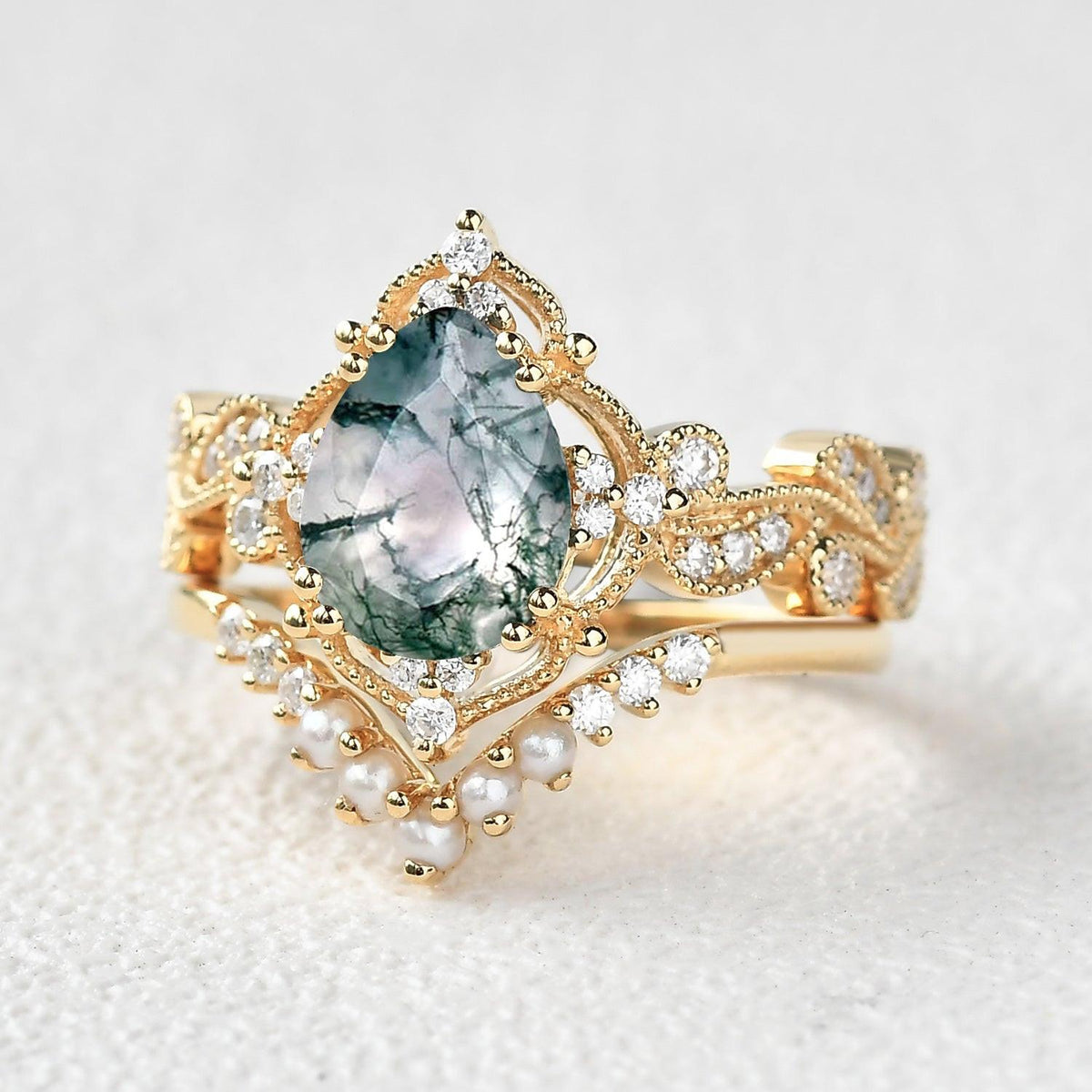 Rosalind’s Cameo | Pear Moss Agate & Pearl Vintage Bridal Set 2pcs.
