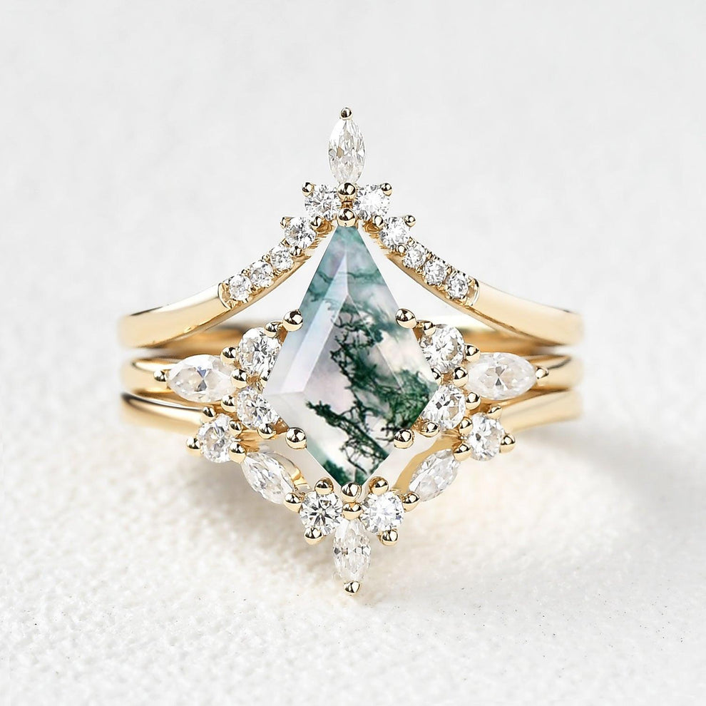 Kinsley Unique Kite Cut Moss Agate Chevron Engagement Ring Set 3pcs.