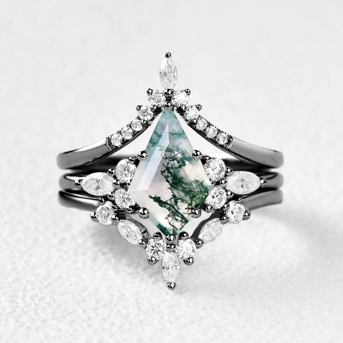 Kinsley Unique Kite Cut Moss Agate Chevron Engagement Ring Set 3pcs.