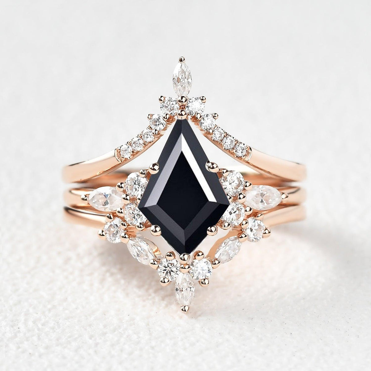 Kinsley Unique Kite Cut Moss Agate Chevron Engagement Ring Set 3pcs.