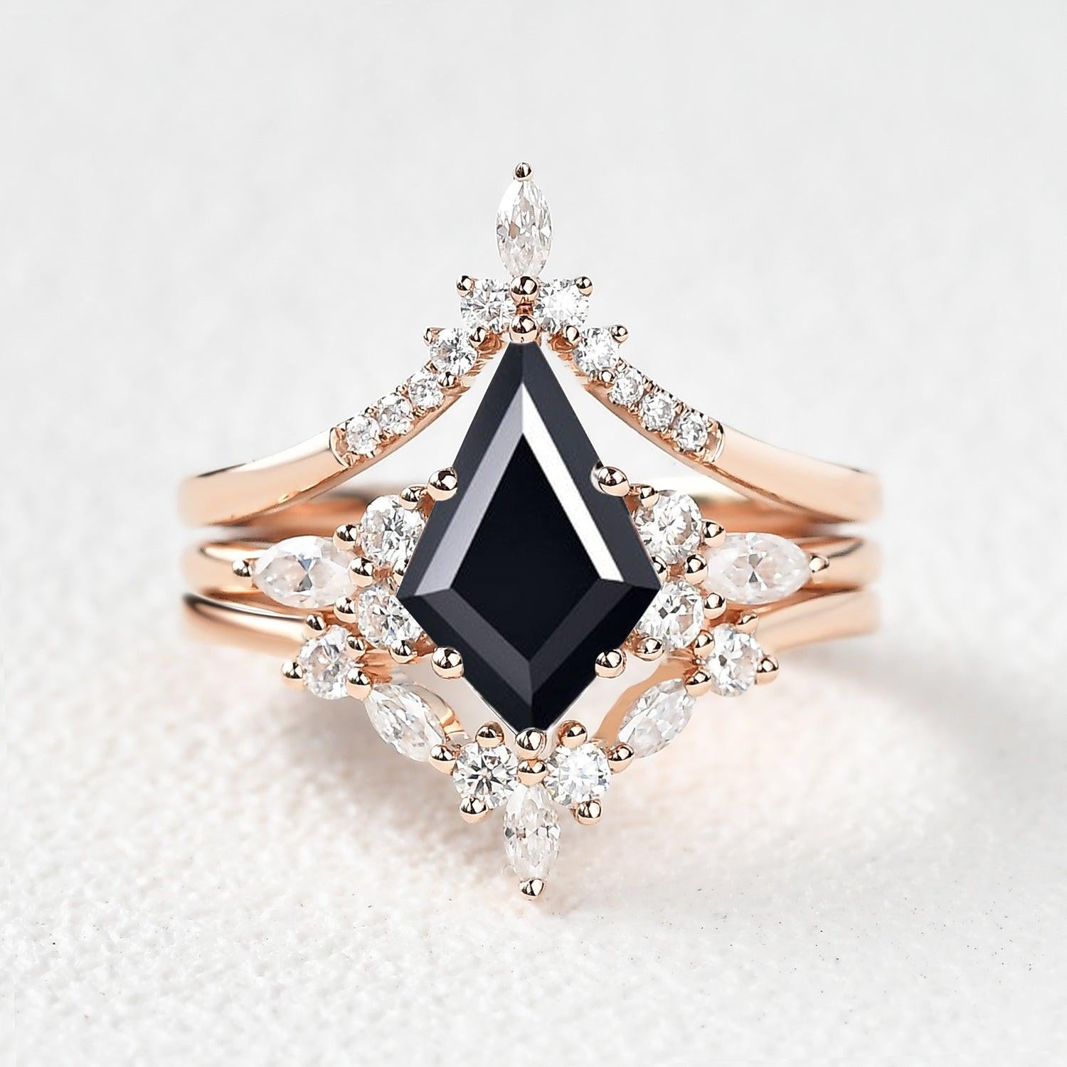 Kinsley Unique Kite Cut Moss Agate Chevron Engagement Ring Set 3pcs.