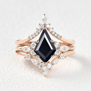 Kinsley Unique Kite Cut Moss Agate Chevron Engagement Ring Set 3pcs.