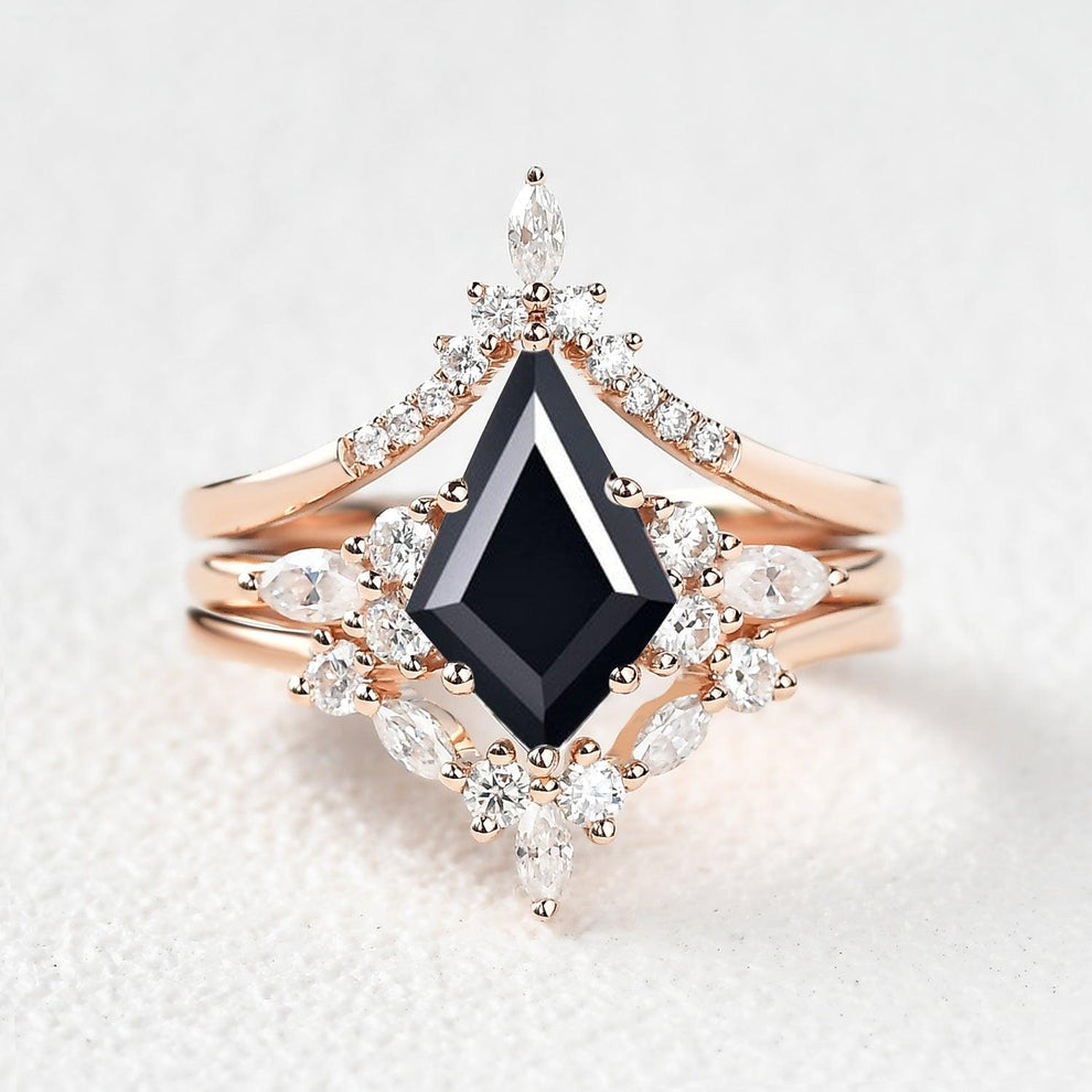 Kinsley Unique Kite Cut Moss Agate Chevron Engagement Ring Set 3pcs.