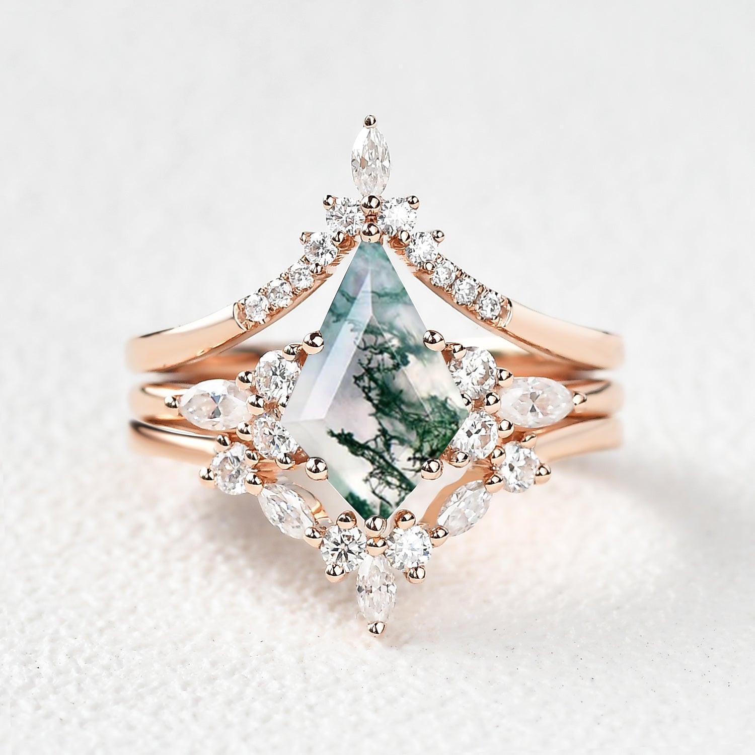 Kinsley Unique Kite Cut Moss Agate Chevron Engagement Ring Set 3pcs.