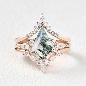 Kinsley Unique Kite Cut Moss Agate Chevron Engagement Ring Set 3pcs.
