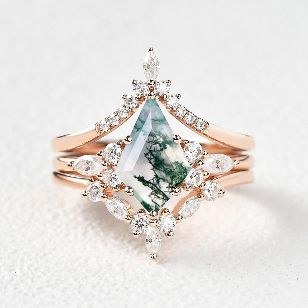 Kinsley Unique Kite Cut Moss Agate Chevron Engagement Ring Set 3pcs.