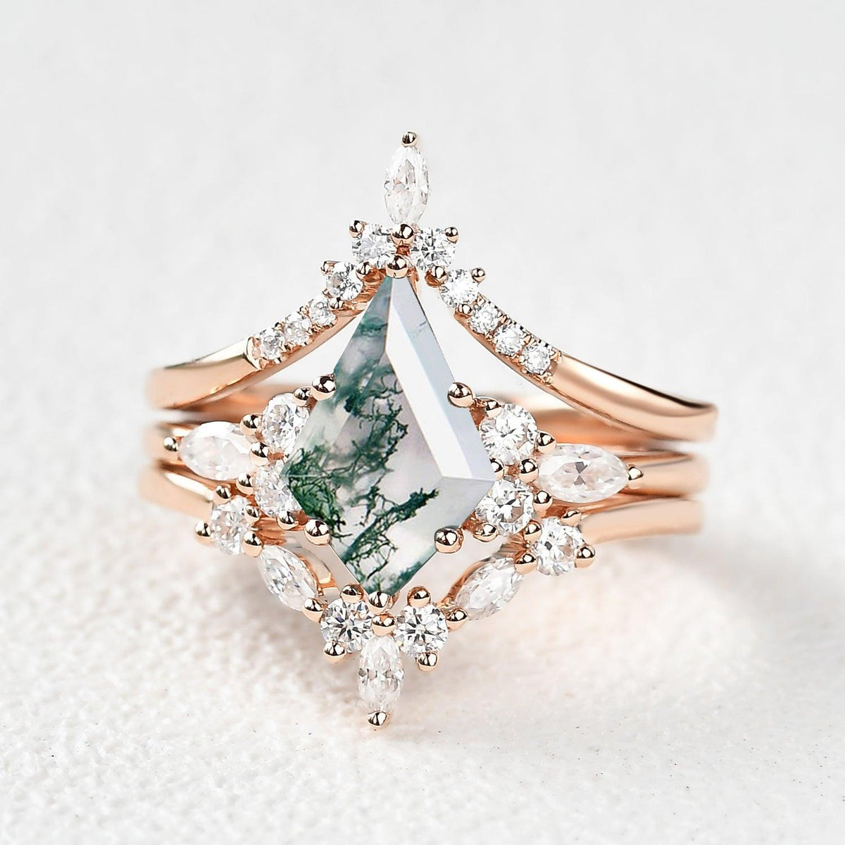Kinsley Unique Kite Cut Moss Agate Chevron Engagement Ring Set 3pcs.