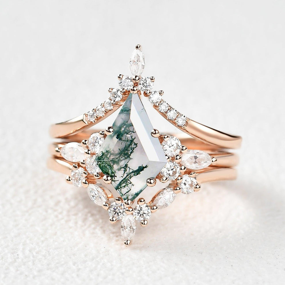 Kinsley Unique Kite Cut Moss Agate Chevron Engagement Ring Set 3pcs.