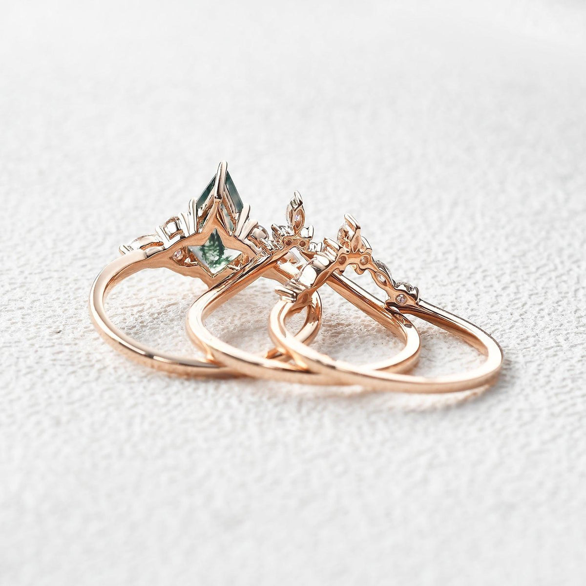 Kinsley Unique Kite Cut Moss Agate Chevron Engagement Ring Set 3pcs.