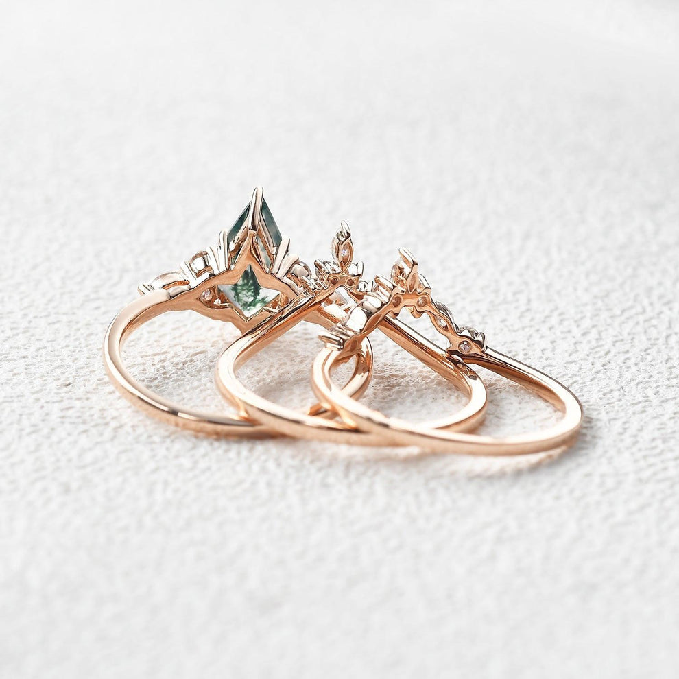 Kinsley Unique Kite Cut Moss Agate Chevron Engagement Ring Set 3pcs.