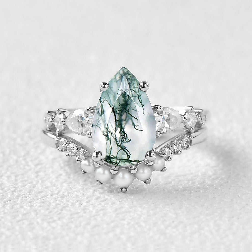 3.0ct Pear Shaped Moss Agate & Pearl Bridal Ring Set 2pcs.