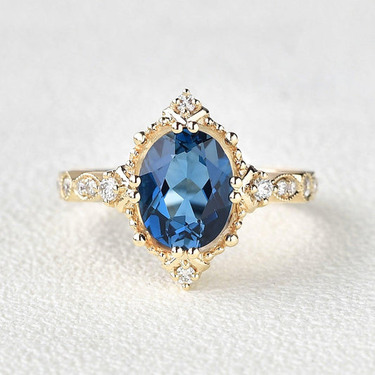Aurelia’s Prism | Oval London Blue Topaz & Moissanite Art Deco Ring.