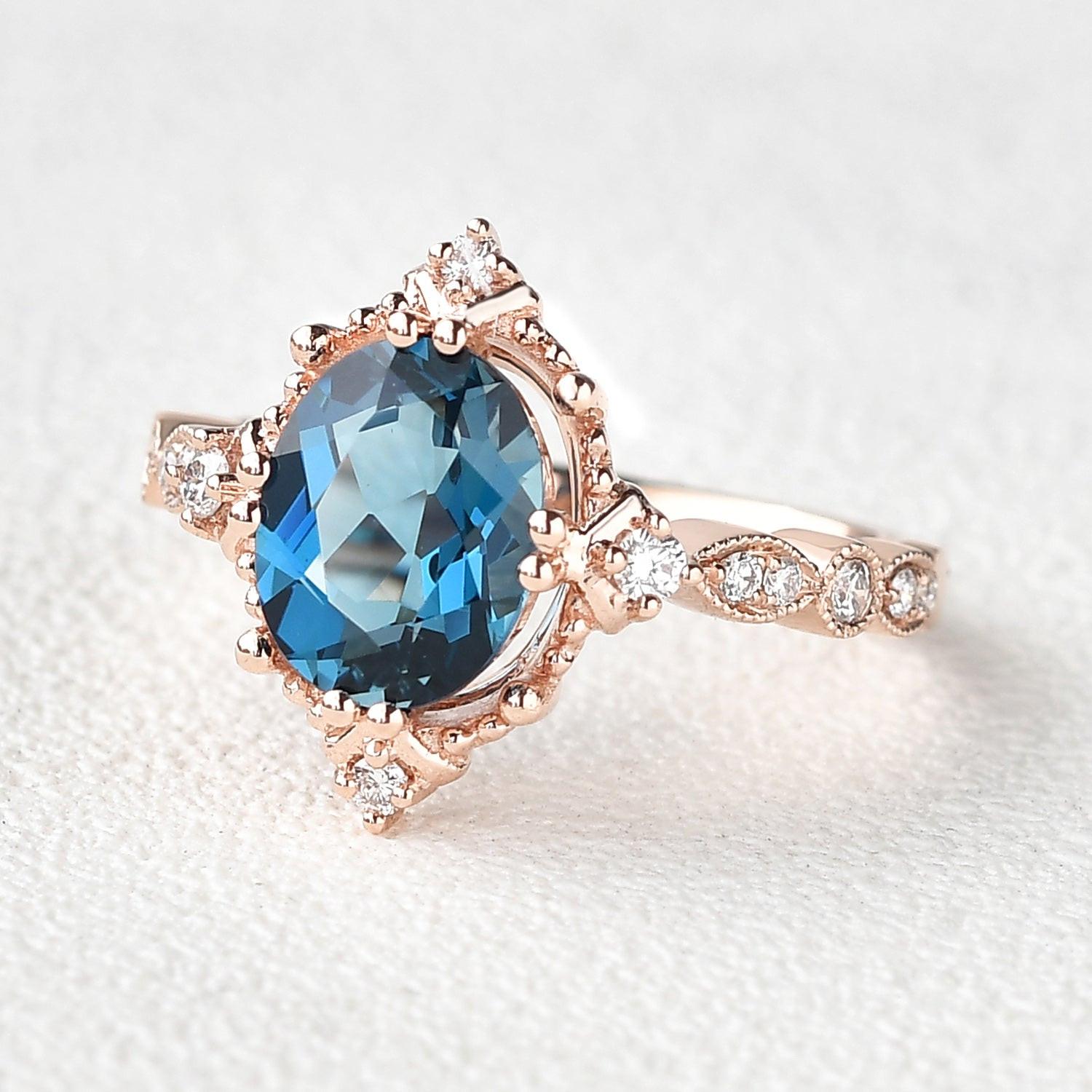 Aurelia’s Prism | Oval London Blue Topaz & Moissanite Art Deco Ring.