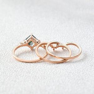 Moss Agate Princess Cut Cluster Engagement Ring Set 3pcs.
