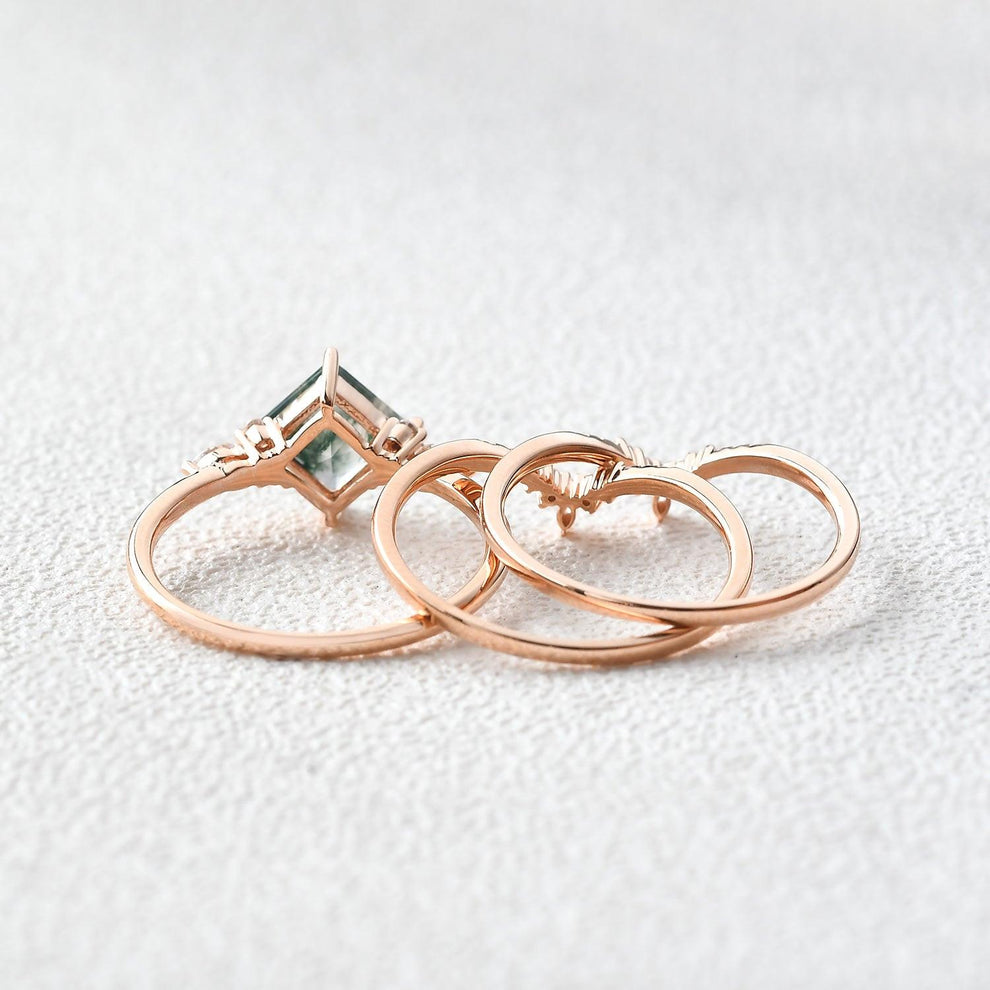 Moss Agate Princess Cut Cluster Engagement Ring Set 3pcs.