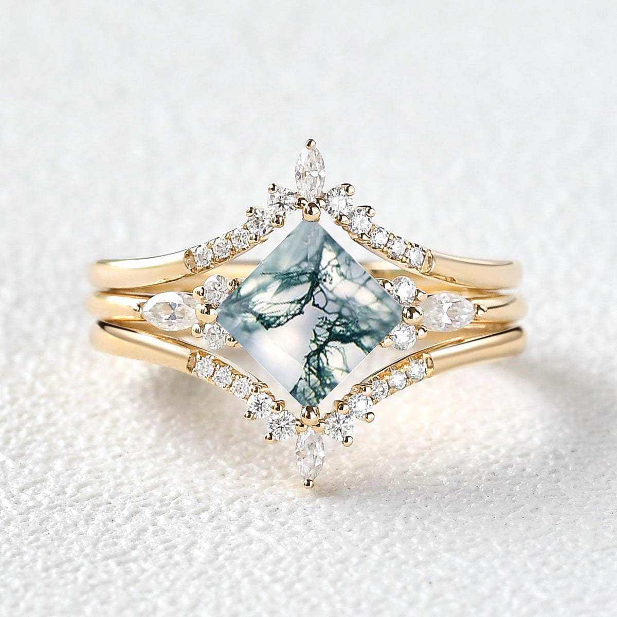 Moss Agate Princess Cut Cluster Engagement Ring Set 3pcs.