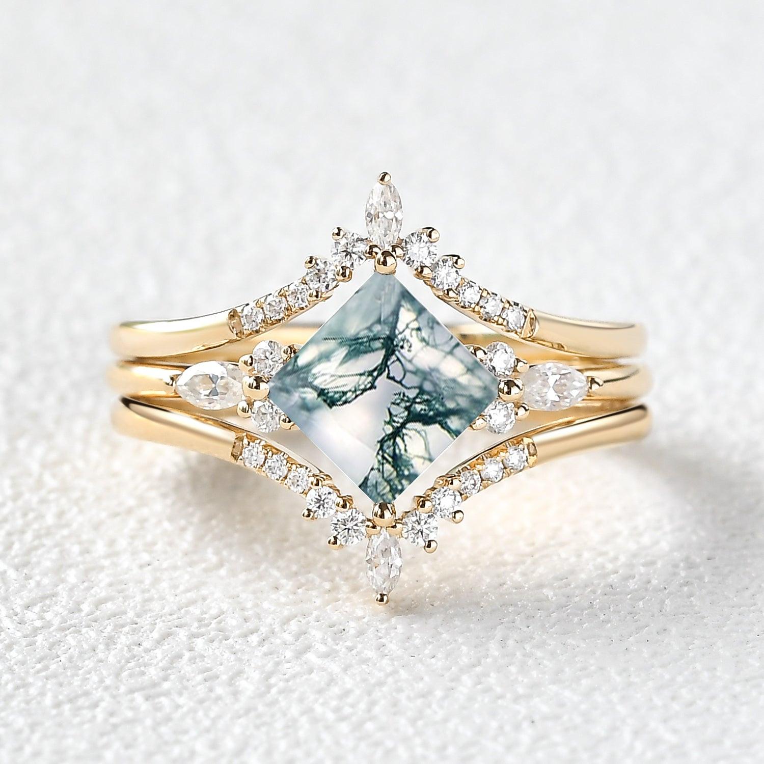 Moss Agate Princess Cut Cluster Engagement Ring Set 3pcs.