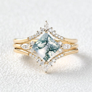 Moss Agate Princess Cut Cluster Engagement Ring Set 3pcs.