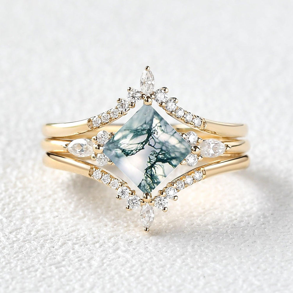 Moss Agate Princess Cut Cluster Engagement Ring Set 3pcs.