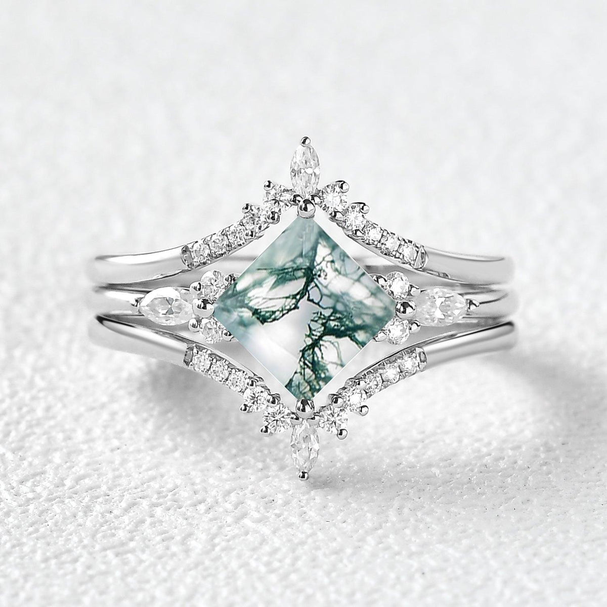 Moss Agate Princess Cut Cluster Engagement Ring Set 3pcs.
