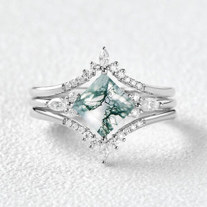 Moss Agate Princess Cut Cluster Engagement Ring Set 3pcs.
