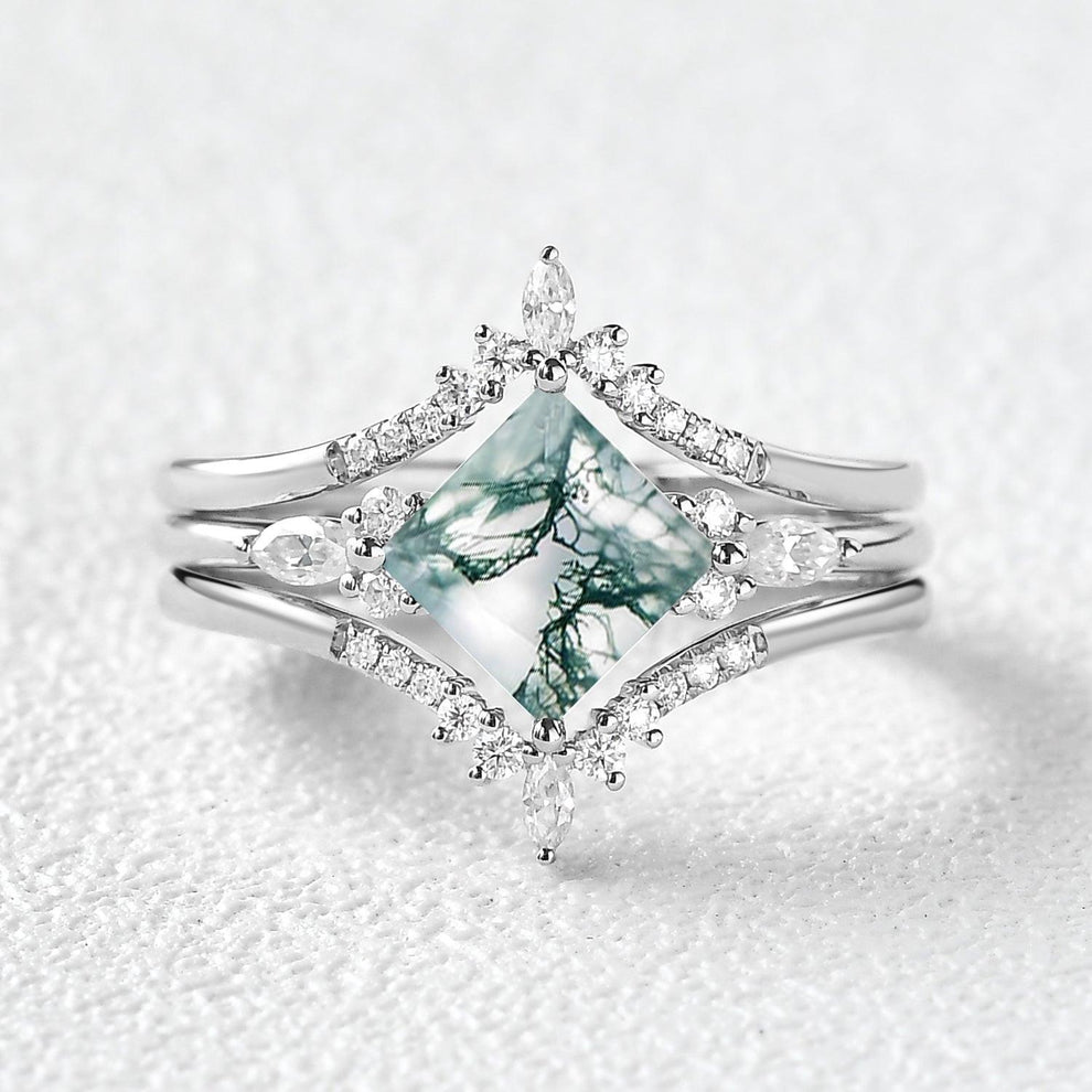 Moss Agate Princess Cut Cluster Engagement Ring Set 3pcs.
