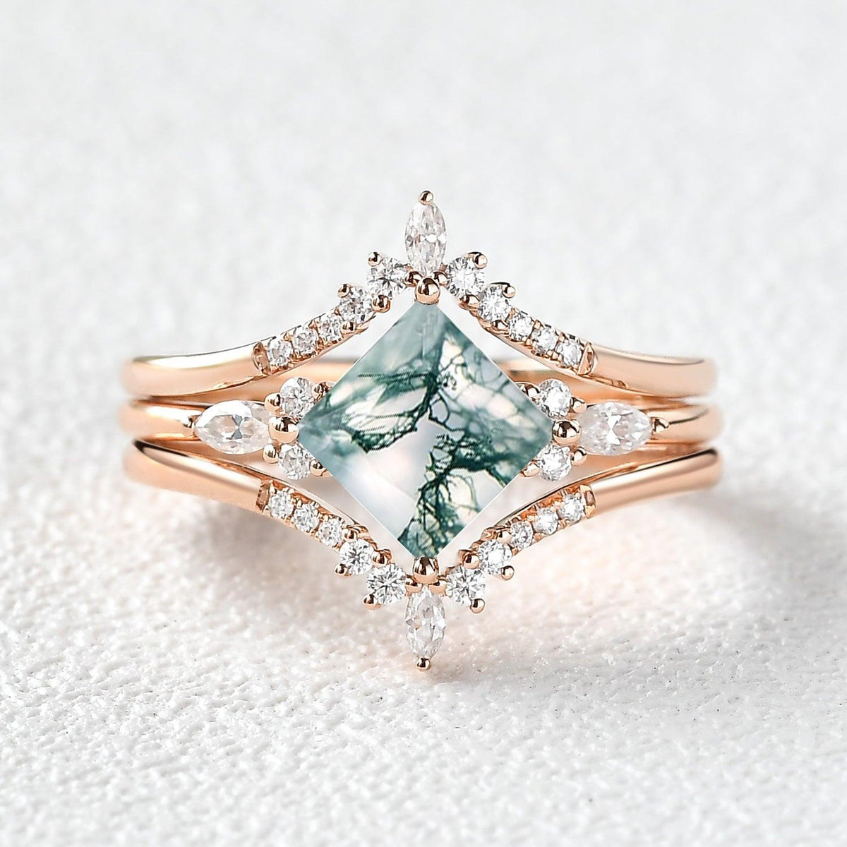 Moss Agate Princess Cut Cluster Engagement Ring Set 3pcs.