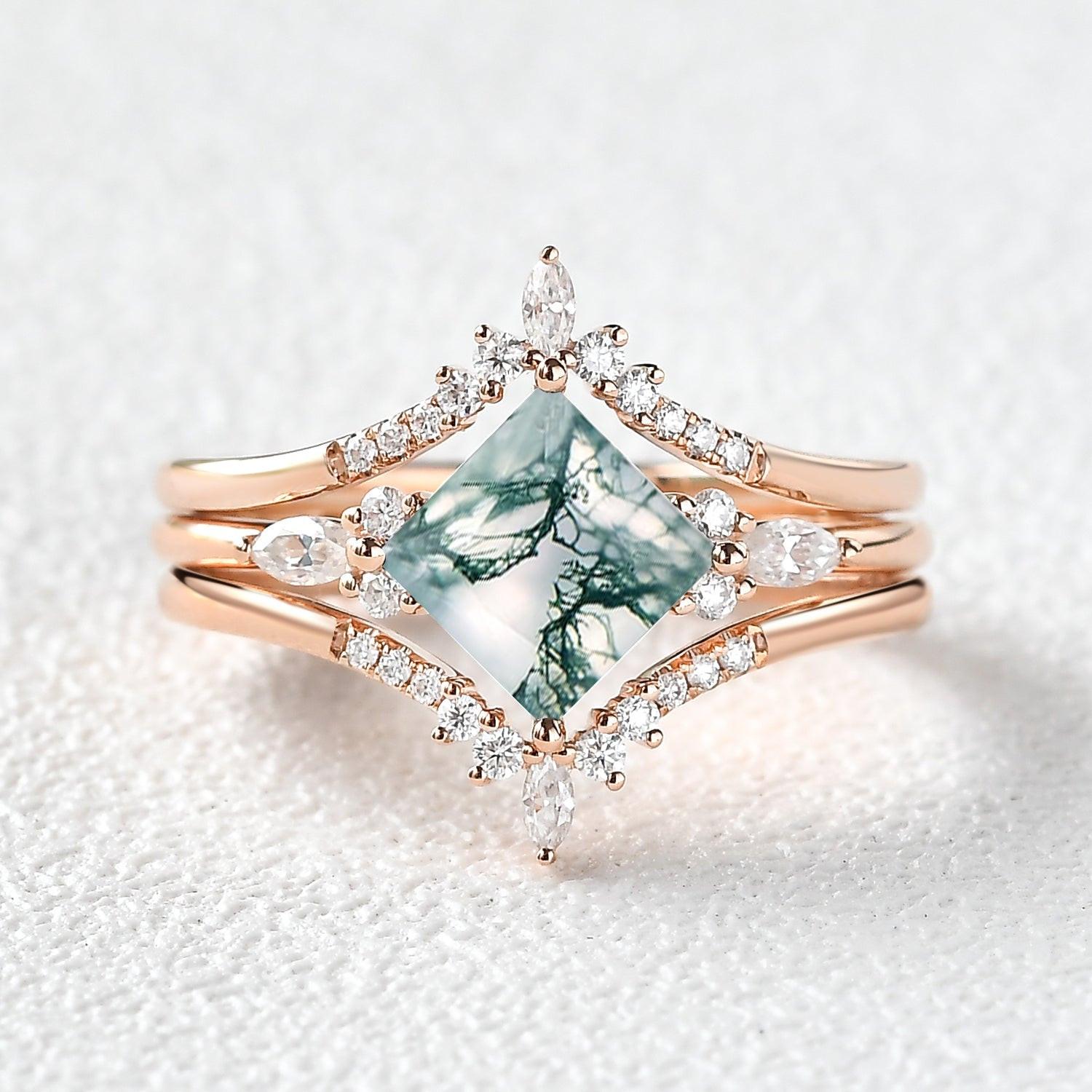 Moss Agate Princess Cut Cluster Engagement Ring Set 3pcs.