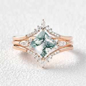 Moss Agate Princess Cut Cluster Engagement Ring Set 3pcs.