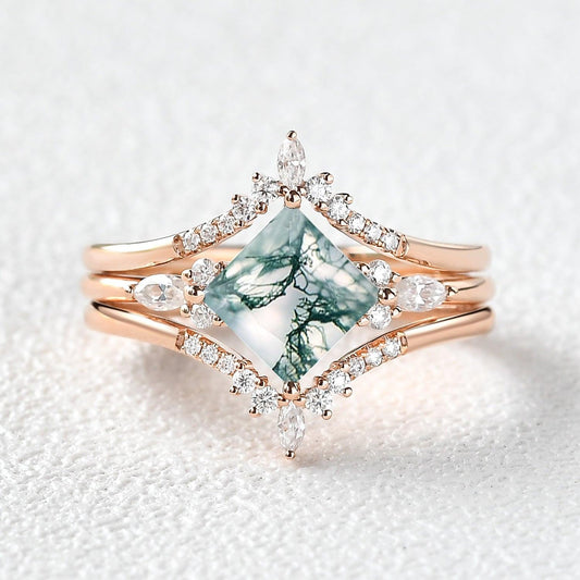 Moss Agate Princess Cut Cluster Engagement Ring Set 3pcs.