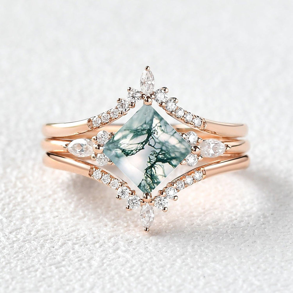 Moss Agate Princess Cut Cluster Engagement Ring Set 3pcs.