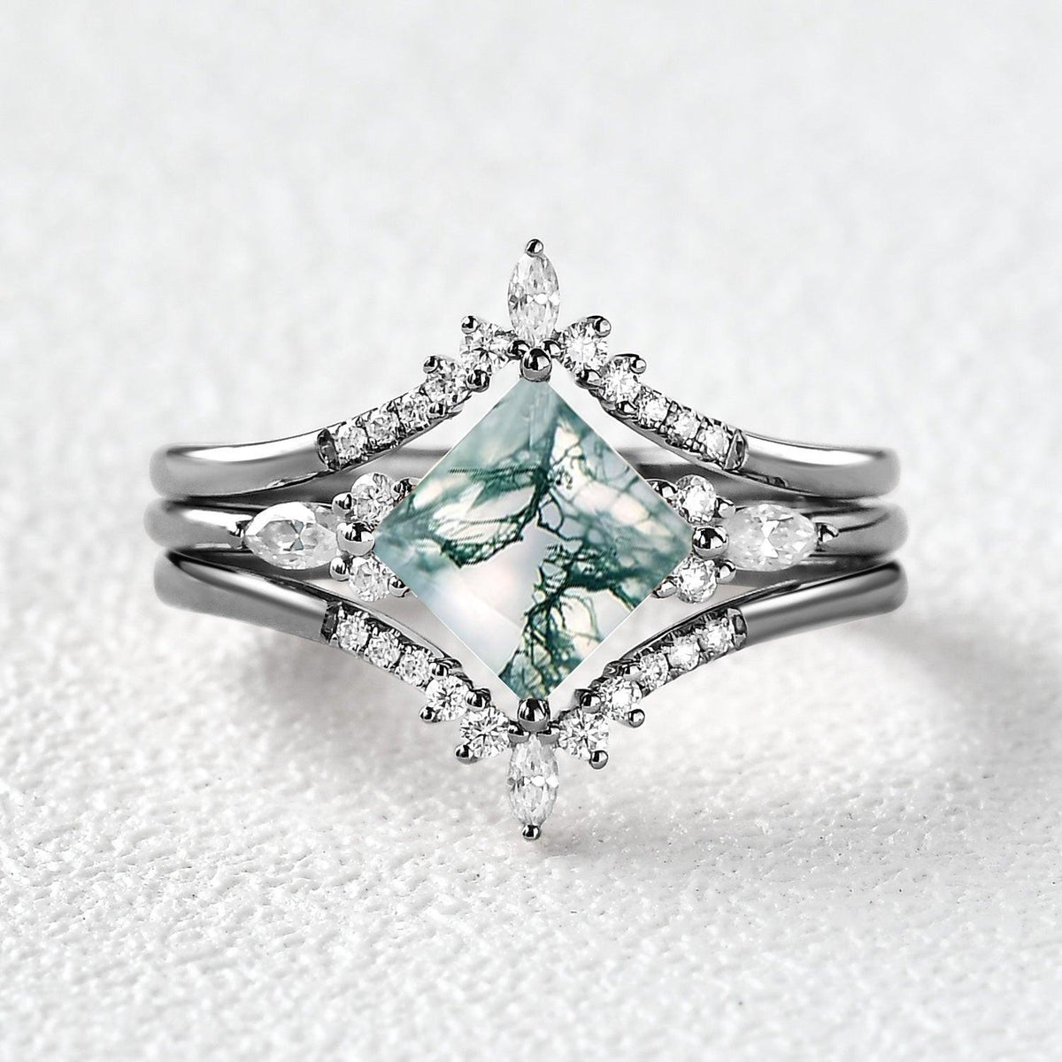 Moss Agate Princess Cut Cluster Engagement Ring Set 3pcs.