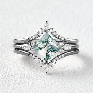 Moss Agate Princess Cut Cluster Engagement Ring Set 3pcs.