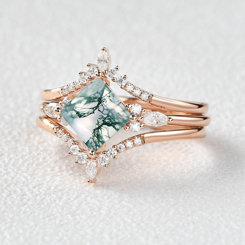 Moss Agate Princess Cut Cluster Engagement Ring Set 3pcs.