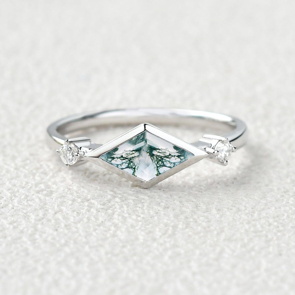 East-West Moss Agate Rhombus Cut Bezel Set Ring.