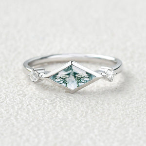 East-West Moss Agate Rhombus Cut Bezel Set Ring.