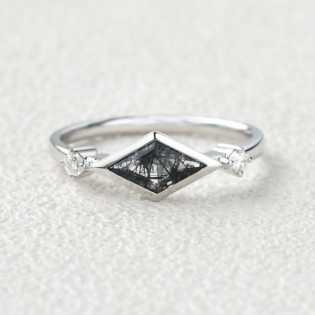 East-West Moss Agate Rhombus Cut Bezel Set Ring.