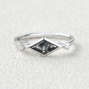 East-West Moss Agate Rhombus Cut Bezel Set Ring.