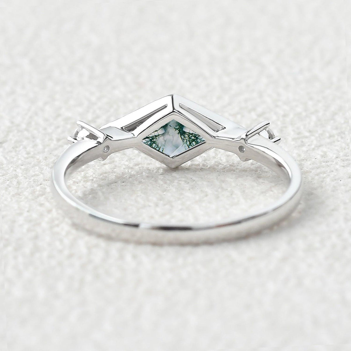 East-West Moss Agate Rhombus Cut Bezel Set Ring.