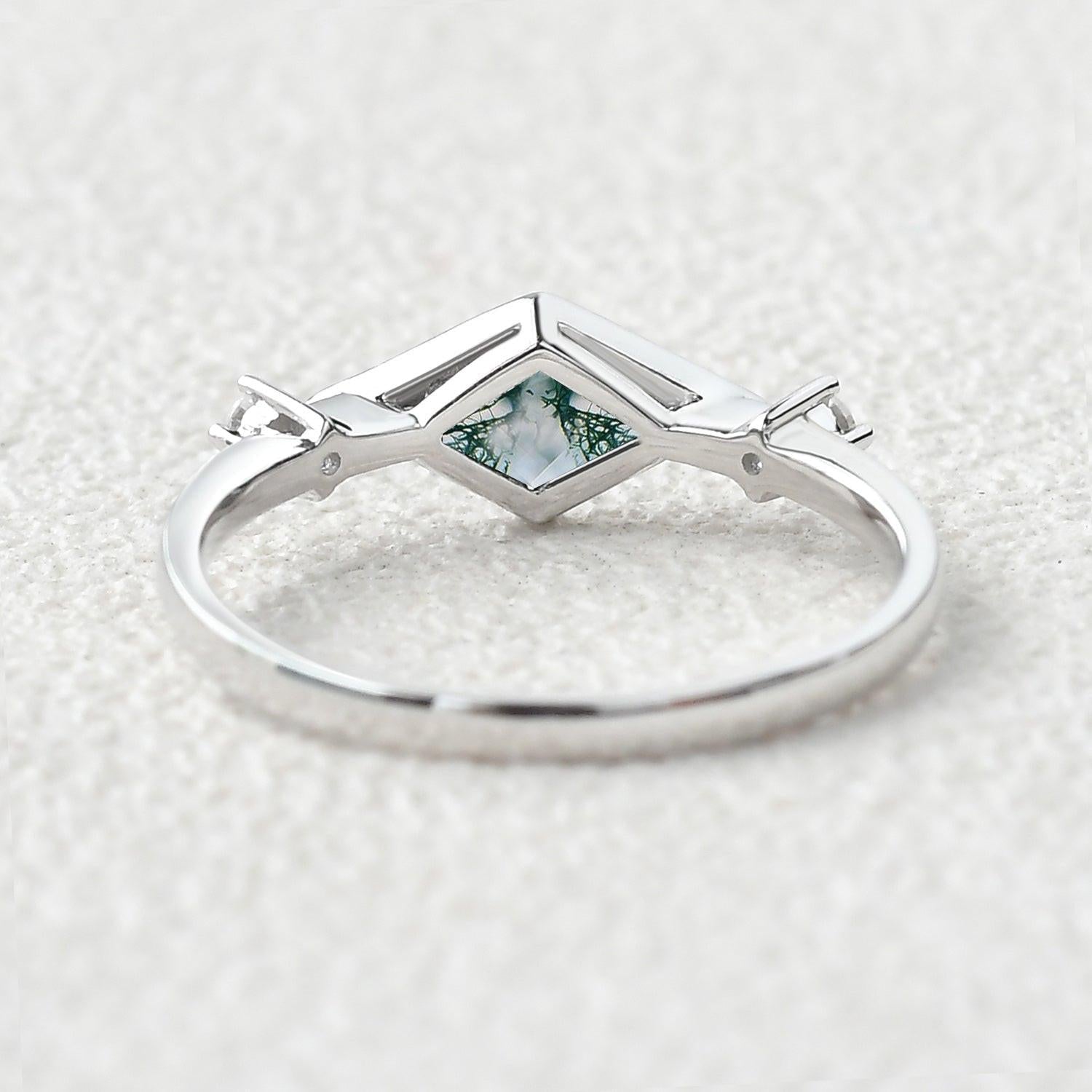 East-West Moss Agate Rhombus Cut Bezel Set Ring.