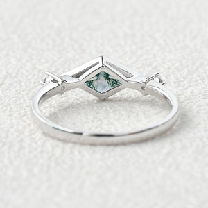 East-West Moss Agate Rhombus Cut Bezel Set Ring.