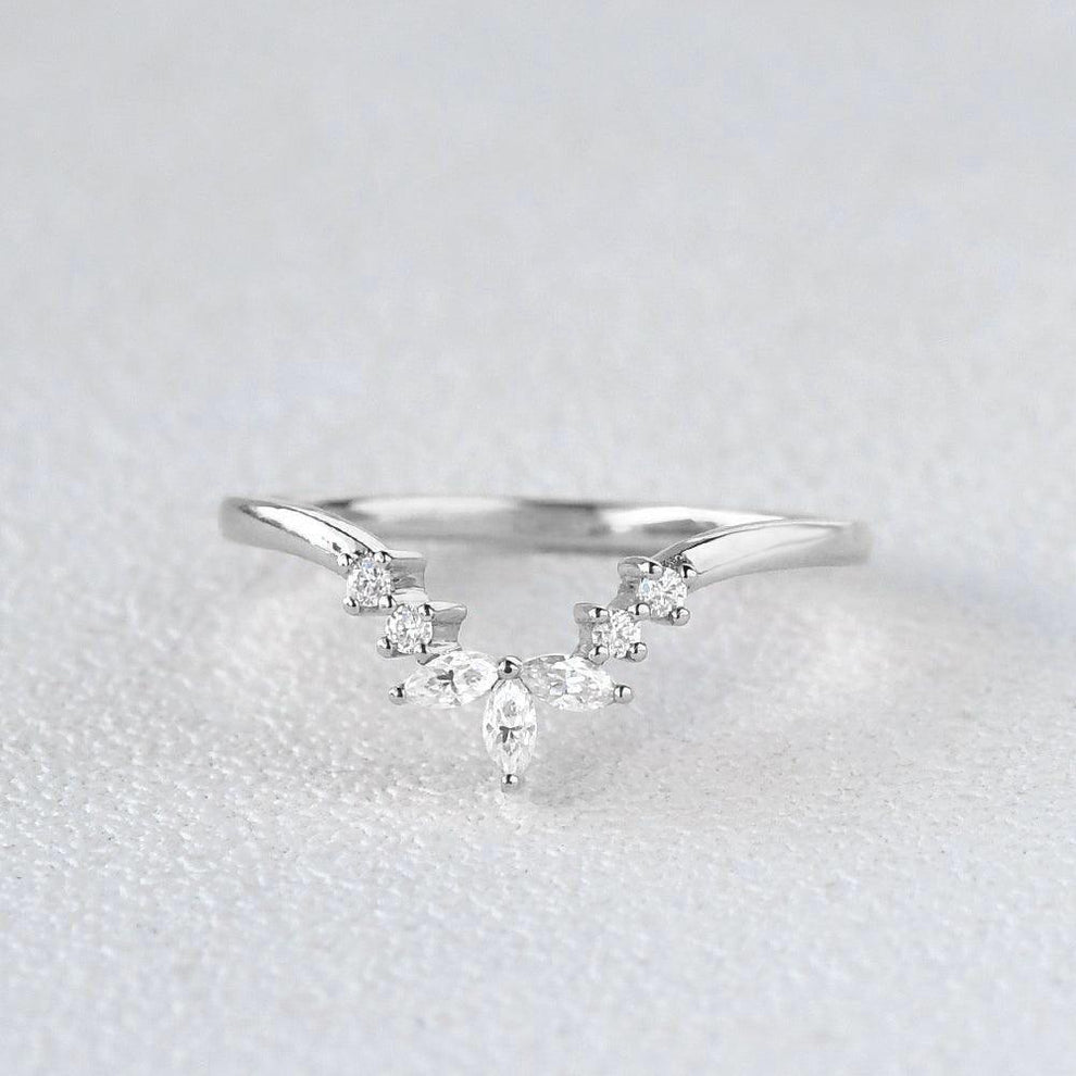 Marquise Shaped Curved Moissanite Gold Wedding Band.