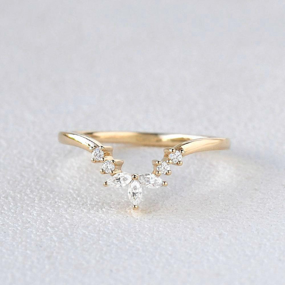 Marquise Shaped Curved Moissanite Gold Wedding Band.