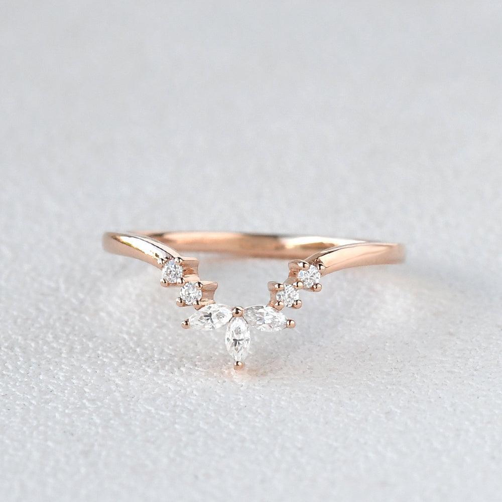 Marquise Shaped Curved Moissanite Gold Wedding Band.